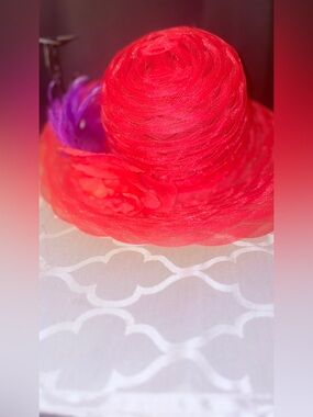 Derby hat by Swan hat elegant Red Wide-Brim Floral Accent Hat w/  Purple Feather